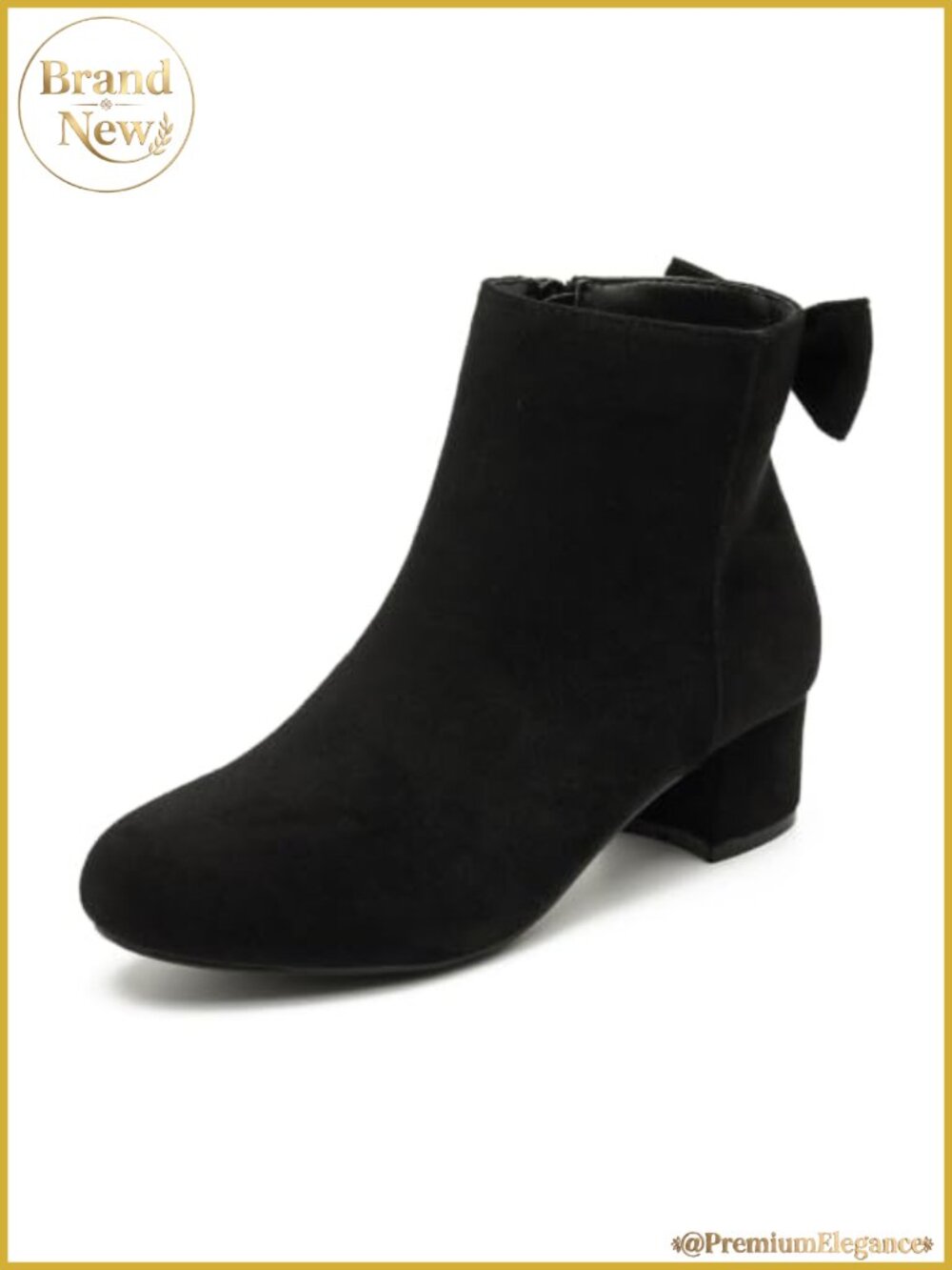 Vegan Suede Bow Ankle Boots Low Chunky Heel Side Zip Dress Booties